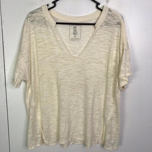 We The Free People Top Womens M Burnout V Neck Short Sleeve Cream Loose Fit - Picture 1 of 8